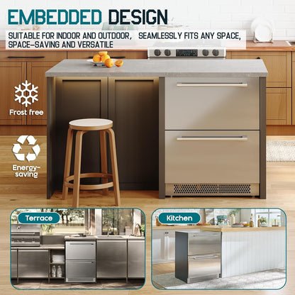 Albott 24 Inch Under Counter Drawer Fridge – Stainless Steel Dual-Zone Beverage Refrigerator with LED Touch Control, Adjustable Storage, Frost-Free, Low Noise, 37℉-50℉, -0.4℉ to 37℉