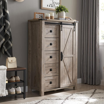 T4TREAM 5 Drawers Dresser for Bedroom w/Sliding Barn Door, Farmhouse Modern Tall Dresser 5 Chest of Drawers, Storage Organizer for Bedroom, Hallway, Living Room, Kids Room, Light Rustic Oak