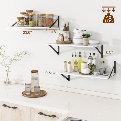 Heimlove 24" W x 12" D Wall Shelves for Books, 12 Inch Deep Floating Shelves Set of 3, Wide Floating Bookshelf with Metal Bracket for Living Room, Kitchen, Office, Bedroom and Decor Storage - White