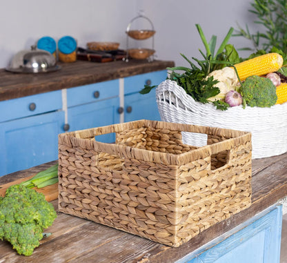 Large 14.5” x 13.5” x 8” (Set of 3) Natural Water Hyacinth Woven Storage Baskets, Rectangular Wicker Basket with Built-in Handles, Large (Natural)