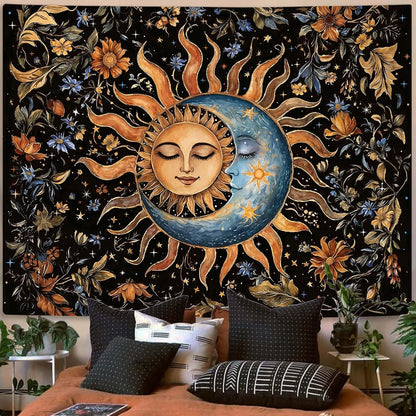 Aipon Sun and Moon Tapestry for Bedroom Boho Vintage Floral Hippie Wall Tapestry Aesthetic Retro Flower Plant Small Tapestries Wall Hanging for Living Room Dorm Decor 60 x 44 Inch