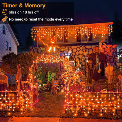 33 FT 400LED Halloween Lights, Orange Icicle Lights for Outside, Clear Wire Twinkle String Light with Timer 8 Modes Waterproof for Window House Patio Yard Wedding Classroom Festival Decor