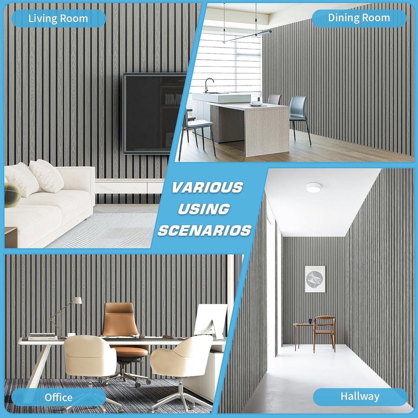 Art3d 4-Pack Glue-On Six-Grid Wainscoting Panel for Interior Wall Decor - 104 x 12 Inch Polystyrene Ultralight Slim Slat Wall Panels for Living Room Bedroom, Ash