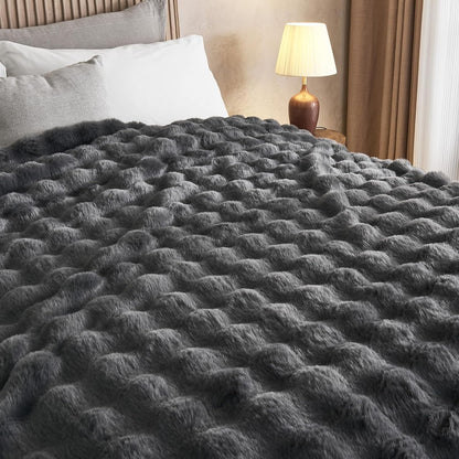 Lotus Karen King Size Faux Fur Blanket - Dark Gray, Big Bubble Rabbit Fluff, 108x90 Inches