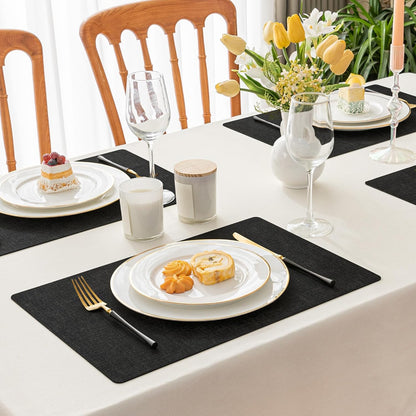 Romanstile Reversible Vinyl Placemats Set of 6, Faux Leather 100% Waterproof Oil-Proof Wipeable Place Mats, Heat Resistant Dual Sided Table Mats for Kitchen/Dining/Party (Black, 12 x 18 Inch)