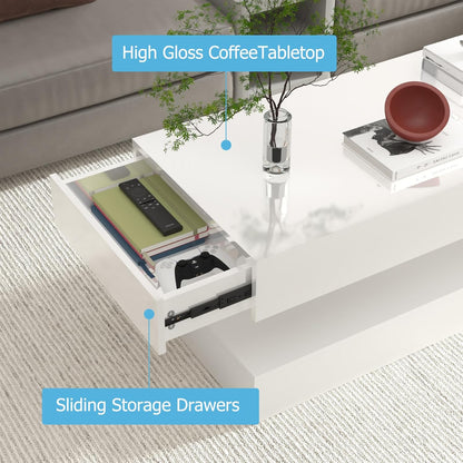 Uspeedy 47.3IN High Glossy LED Coffee Table,APP LED Lights,Black/White, Modern Furniture for Living Room (White)