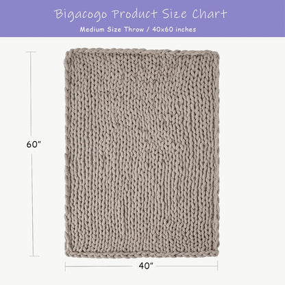Bigacogo Chunky Knit Throw Blanket for Couch, 40x60 inches, 100% Hand Knitted with Thick Jumbo Chenille Yarn, Cozy Soft Large Rope Knot Cable Crochet Blankets for Sofa Bed Living Room, Taupe