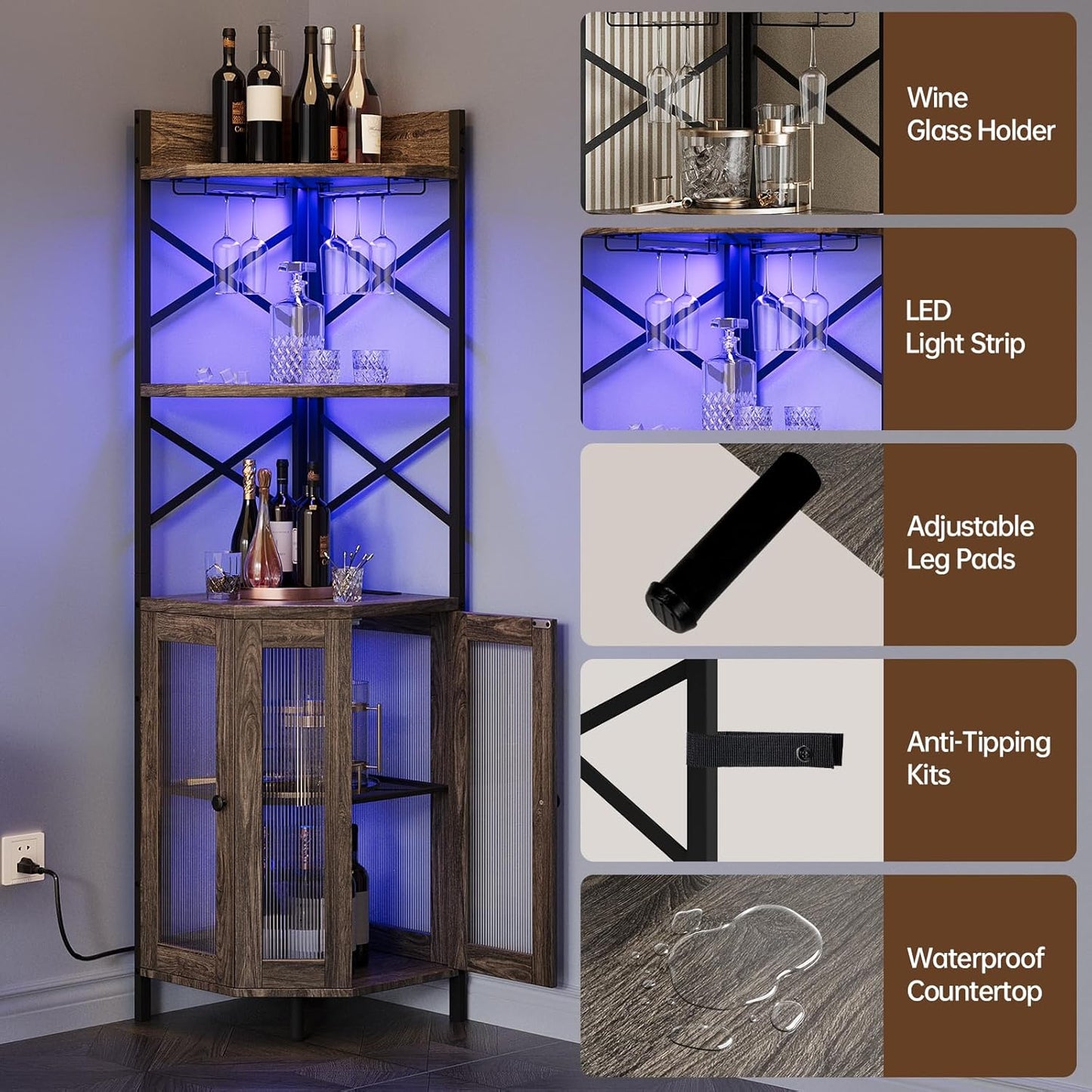 Corner Bar Cabinet with Power Outlet, 5-Tier Corner Wine Cabinet with Led Strip and Glass Holder, Industrial Tall Liquor Cabinet Bar Wine Rack for Home, Grey Oak