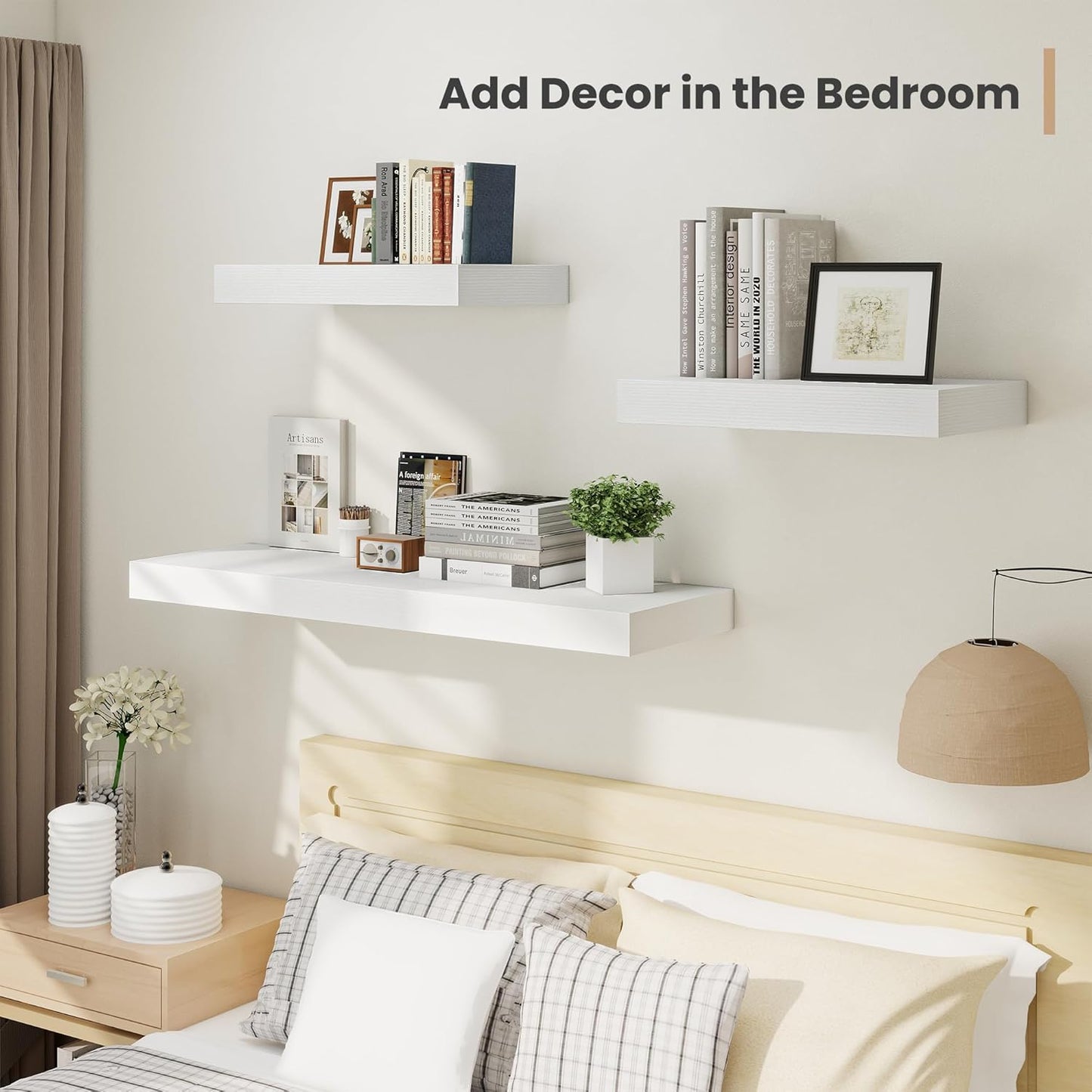 Heimlove 24 x 12 Inch Deep Floating Shelves Wall Mounted with Invisible Brackets,Storage Hanging Shelf for Wall Decor in Bathroom, Bedroom, Toilet, Kitchen, Living Room, Office Set of 2 (White)