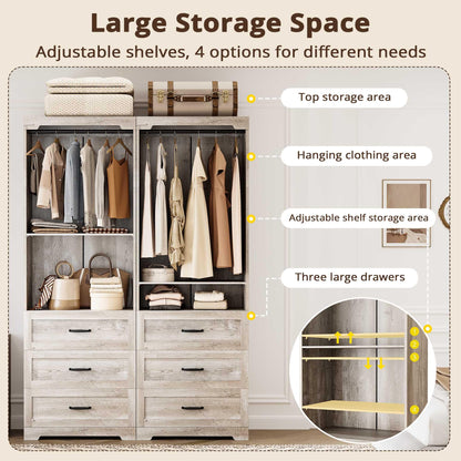 IRONCK Freestanding Closet System with Adjustable Shelves & 3 Drawers