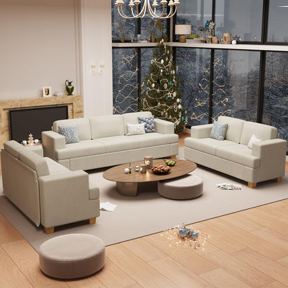 3 Pieces Corduroy Couch Set for Living Room, 3 Seater & Loveset*2 Cloud Sofa, Deep Seat Floor Couch for Bedroom, Futon Modern Sofa Bed, White Corduroy