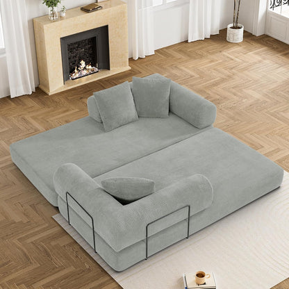 Convertible Sleeper Sofa Bed with Pillow, 4-in-1 Corduroy Folding Mattress Couch with Fixed-Shape Frame, Futon Fold Out Floor Sofa Cama Lounge Couch for Living Room Bedroom, Light Grey