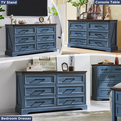 Farmhouse 6 Drawer Dresser for Bedroom, 52 Inch Wide Modern Dresser TV Stand with Large Drawers & Bar Handles, Rustic Wood Chest of Drawers for Bedroom, Living Room, Hallway, Blue