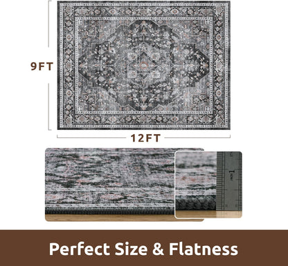 AMOAMI-Area Rug 9X12 Rugs for Living Room-Vintage Soft Black Rugs for Bedroom-Non Slip Carpet-Washable Rug for Dining Room Living Room Bedroom Office Under Table,Dark Grey & Black