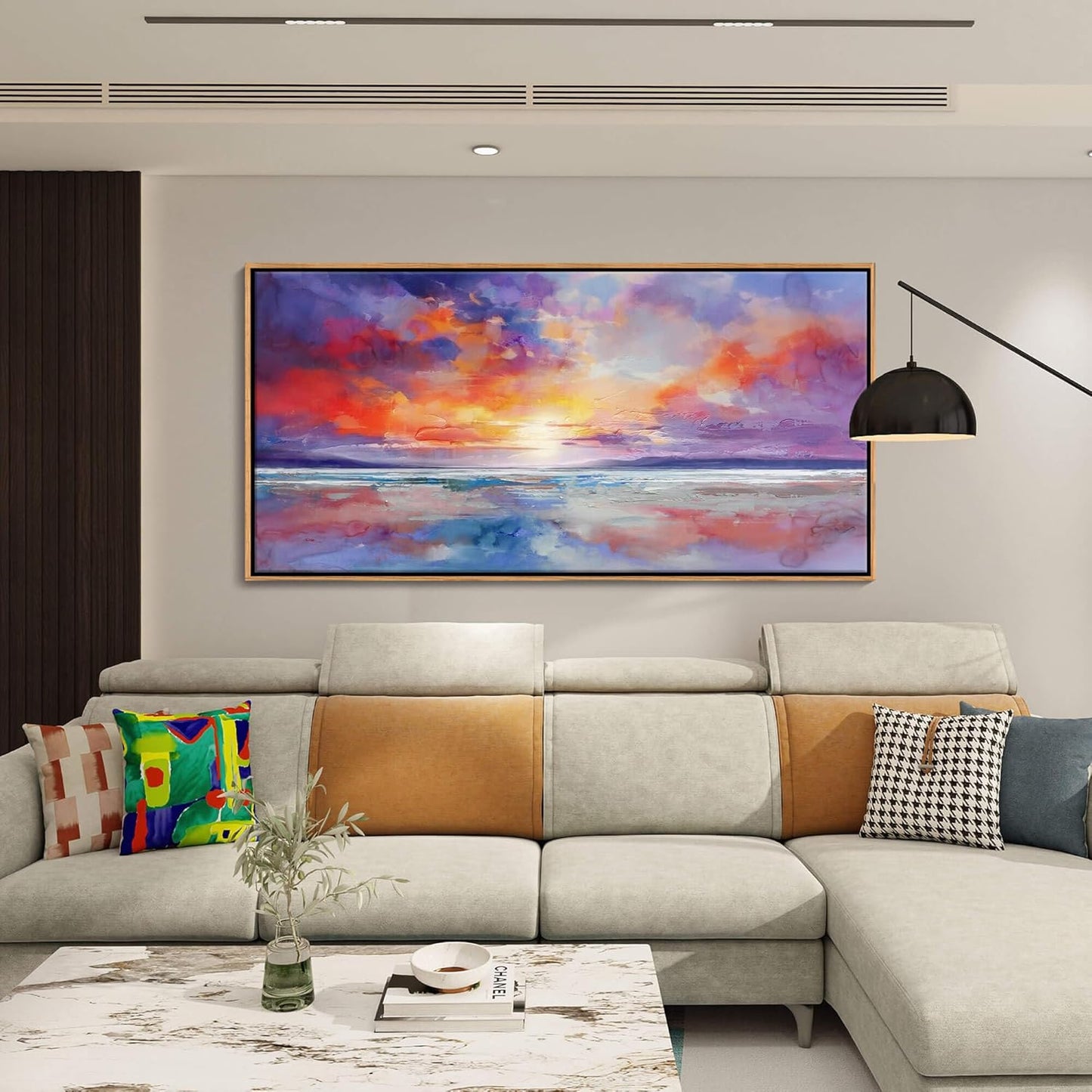 DUNHUANG ART Vibrant Orange Sunset Wall Art - Colorful Ocean Abstract Beach Decor for Living Room & Bathroom - Large Framed Coastal Seascape Picture - Ocean Sunrise Poster for Home Decoration 20"x40"