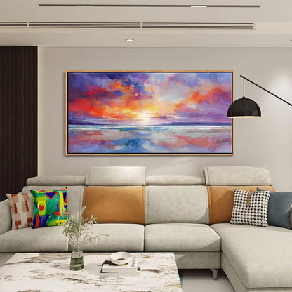 DUNHUANG ART Vibrant Orange Sunset Wall Art - Colorful Ocean Abstract Beach Decor for Living Room & Bathroom - Large Framed Coastal Seascape Picture - Ocean Sunrise Poster for Home Decoration 20"x40"