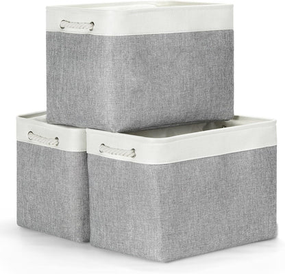 Bidtakay Large Storage Baskets for Organizing 3-Pack Fabric Closet Organizers Storage Bins with Handles 16x11.8x11.8 In Collapsible Baskets for Shelves Cloth Home Organization L-White&Grey