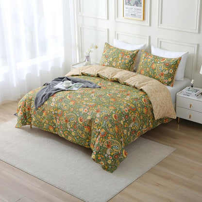 ABREEZE Paisley Bedding Sets 3Pcs Brushed Cotton Duvet Cover Set King Size Rustic Damask Green Floral Comforter Cover with Zipper Closure Boho Bedding Collections