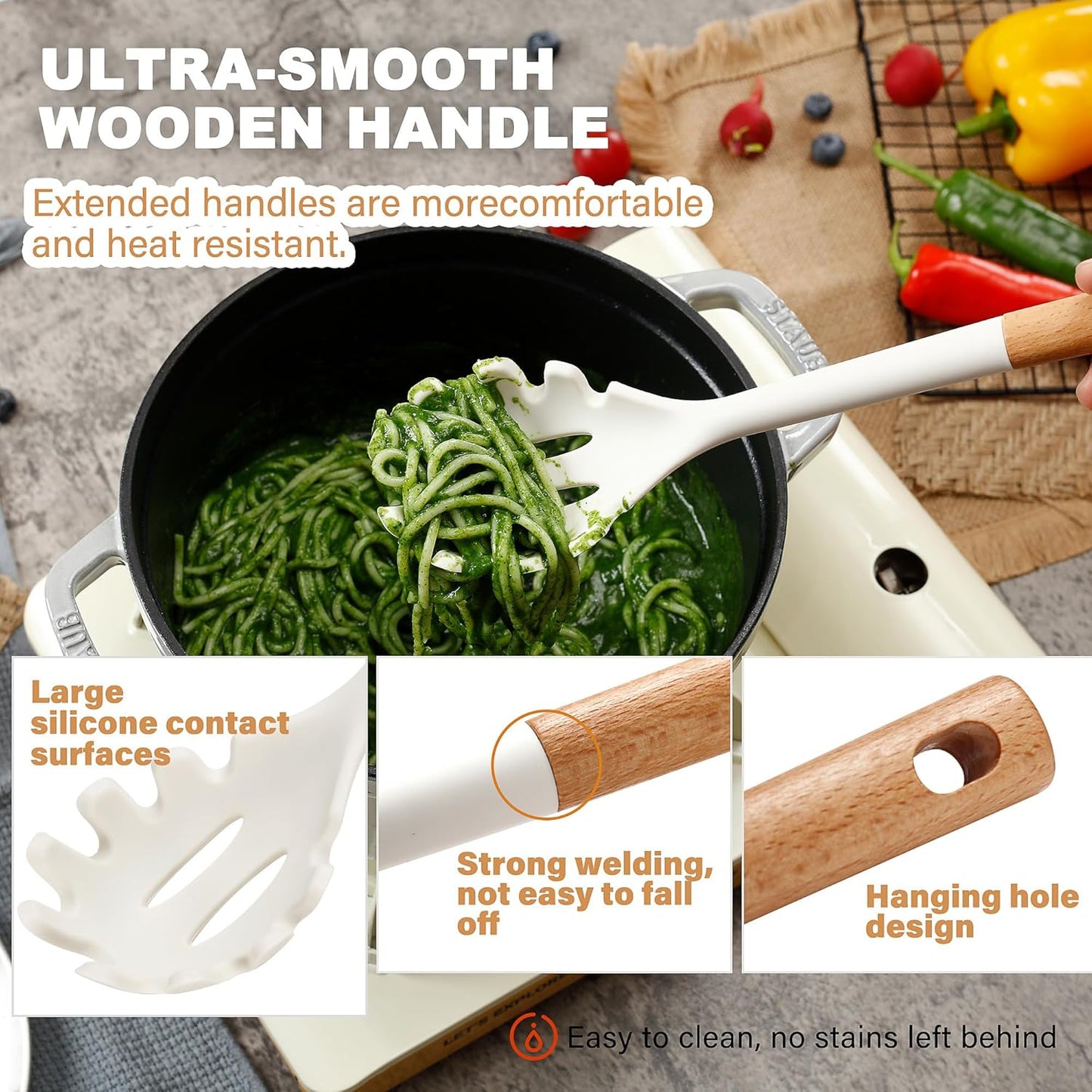 QMVESS Silicone Cooking Utensils Set, Kitchen Utensils Set 7 Pcs with Long Wooden Handle, Food Grade and Heat Resistant Large Silicone Spatula Set for Nonstick Cookware, BPA Free（White）