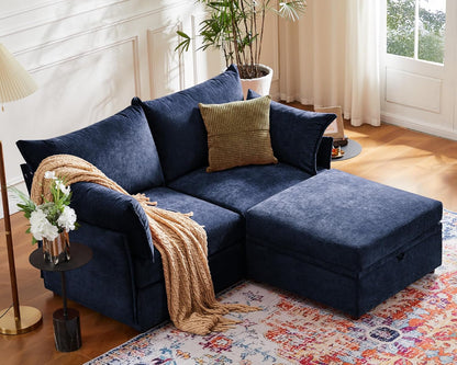 Oversized Loveseat Sofa, Modern Modular Sectional Couch Blue Fluffy Chenille Mid Century 2-Seat 24.5" Deep Seat for Apartment, Living Room, Bedroom