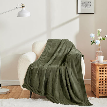 CozeCube Check Knit Throw Blanket, Olive Green Checkered Throw for Couch, Decorative Christmas Soft Cozy Warm Knitted Blanket for Bed Sofa Living Room, 60"X80"