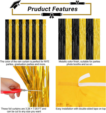 2 Pack Graduation Backdrop, 3.28 FT x 7.05 FT Black and Gold Foil Fringe Curtains, Metallic Foil Curtain Graduation Backdrop, Grad Party Supplies Black and Gold Party Decorations Class of 2025