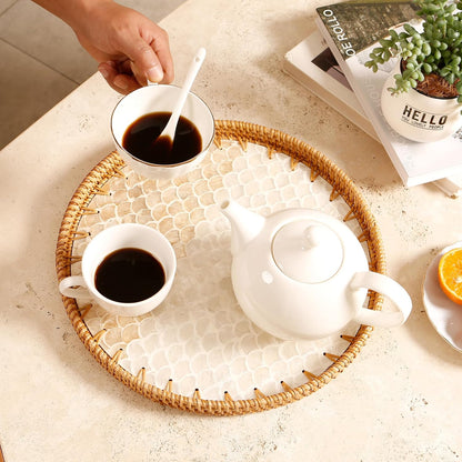 Round Rattan Tray with Mother of Pearl Inlay & Wooden Base - Decorative Wicker Serving Tray for Coffee/Bread/Fruits, Food Storage & Display - Multipurpose Home Decor (M,Fish Scales)