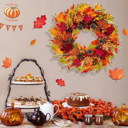 Fall Wreaths for Front Door, 24" Autumn Wreath with Berry Wood Maple Leaves and Pine Cones, Orange Thanksgiving Wreath for Outside Indoor Wall Window Home Festival Decor