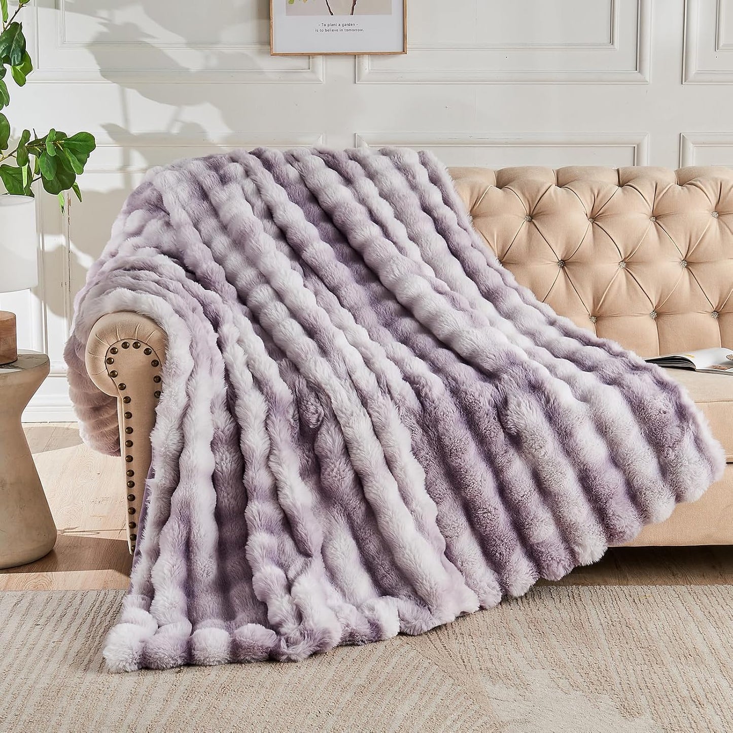 Lotus Karen Faux Fur Throw Blanket Tie-Dye Purple - Big Bubble Rabbit Fluff Blanket for Couch, Large Fluffy Fuzzy Cozy Blanket,Thick Furry Plush Shaggy Blankets,90x90 Inches