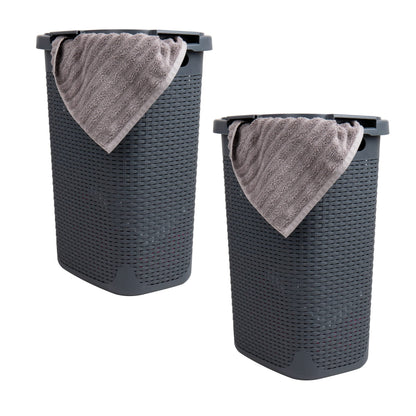 Mind Reader 60L Slim Laundry Hamper, Clothes Basket, Lid, Wicker Style, Plastic, 17.65"L x 13.75"W