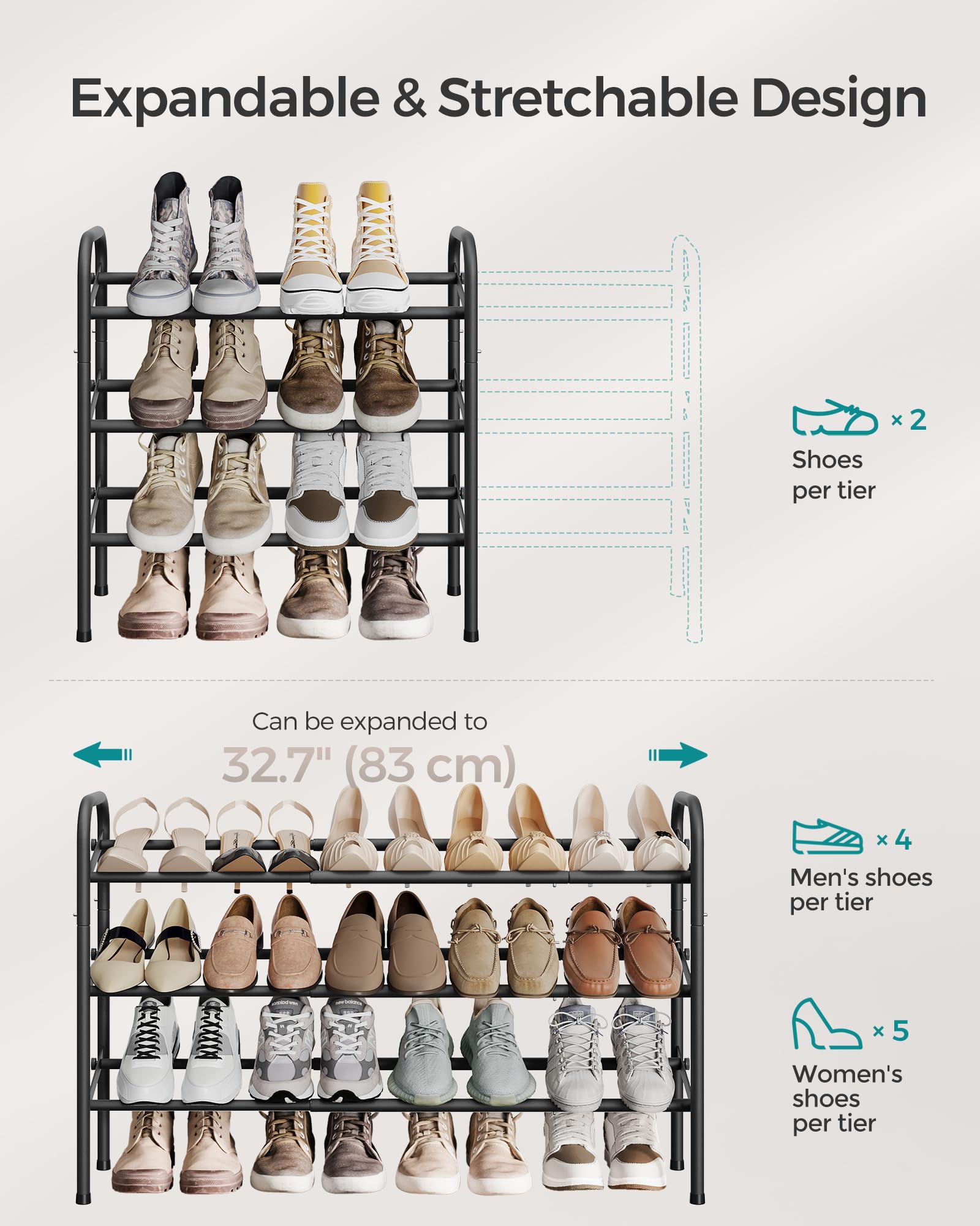 SONGMICS Expandable Shoe Rack, 3 Tier Shoe Rack Shelf, Adjustable Shoe Organizer Storage for 20