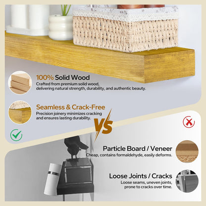 Floating Shelves 3 inch Thick for Wall Set of 2,Solid Pine Wood Wall Mount Shelf for Kitchen Living Room Bedroom Bathroom,8" D x 36" L x 3" H-Gold Oak