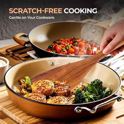 AIUHI Nonstick Natural Wooden Kitchen Utensils Set, Smooth Finish Teak Wood Spoons for Cooking, Comfortable Grip Spatula for Elaborate Cooking 6Pcs