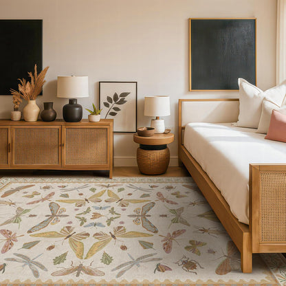 Washable Neutral Area Rug Living Room, 5x8 Washable Rugs for Bedroom Under Bed, Nursery Room, Boho Vintage Insect Butterfly Non-Slip Low Pile Stain Resistant - Beige/Yellow