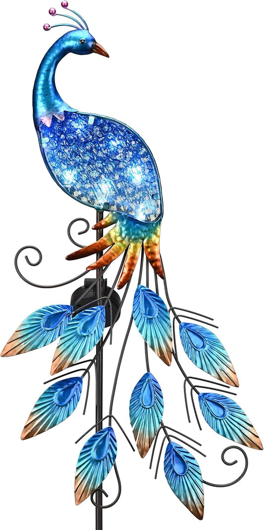 TERESA'S COLLECTIONS Garden Decor Blue Peacock with Solar Outdoor Lights, 40" Glass Yard Art for Outside, Decorative Metal Stake Outdoor Decor for Lawn Decorations, Patio, Gifts for Mom