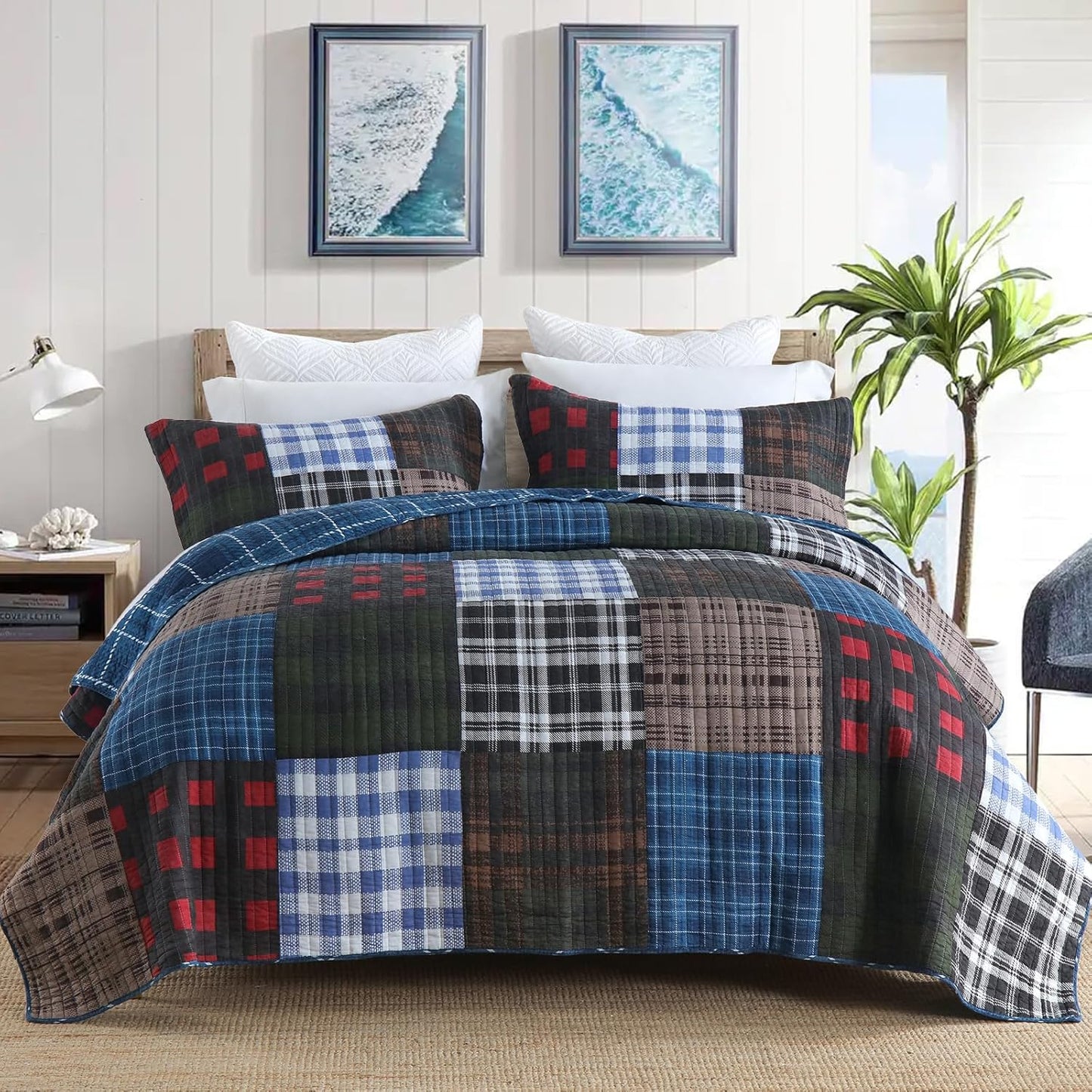 NEWLAKE Quilt Set Queen Size, Cotton Patchwork Blue Black Checkered Patterns Quilt Sets, Reversible Bedspread Lightweight and Breathable for All Seasons, Soft Quilted Bedspread with 2 Pillow Shams