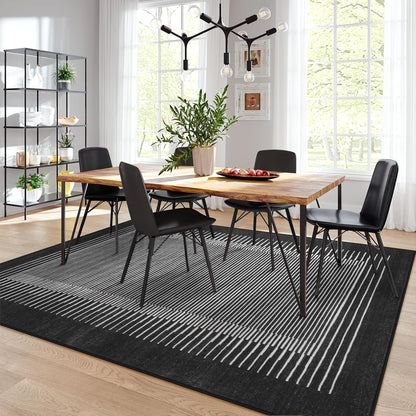 Wonnitar Striped Black Area Rugs 9x12 Living Room, Non-Slip Soft Berber Stripe Bedroom Rug, Low Pile Minimalist Floor Carpet for Dining Room Living Room Department (Black,9' x 12')