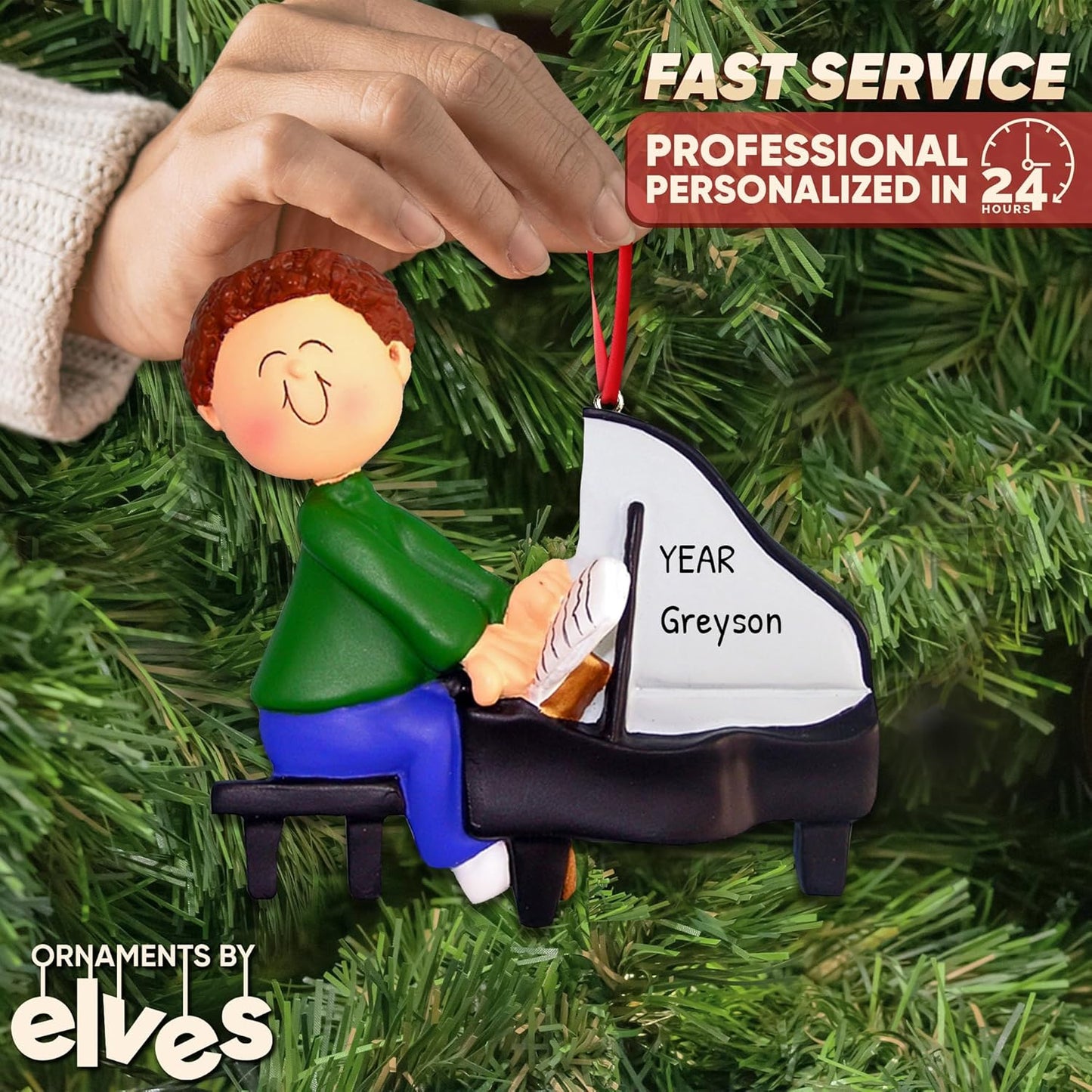 Ornaments by Elves Personalized Grand Piano Ornament for Christmas Tree 2024 - Brunette Music Boy Musical Instrument Decoration for Music Lovers