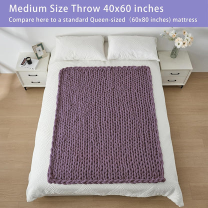 Bigacogo Chunky Knit Throw Blanket for Couch, 40x60 inches, 100% Hand Knitted with Thick Jumbo Chenille Yarn, Cozy Soft Large Rope Knot Cable Crochet Blankets for Sofa Bed Living Room, Winter Grape