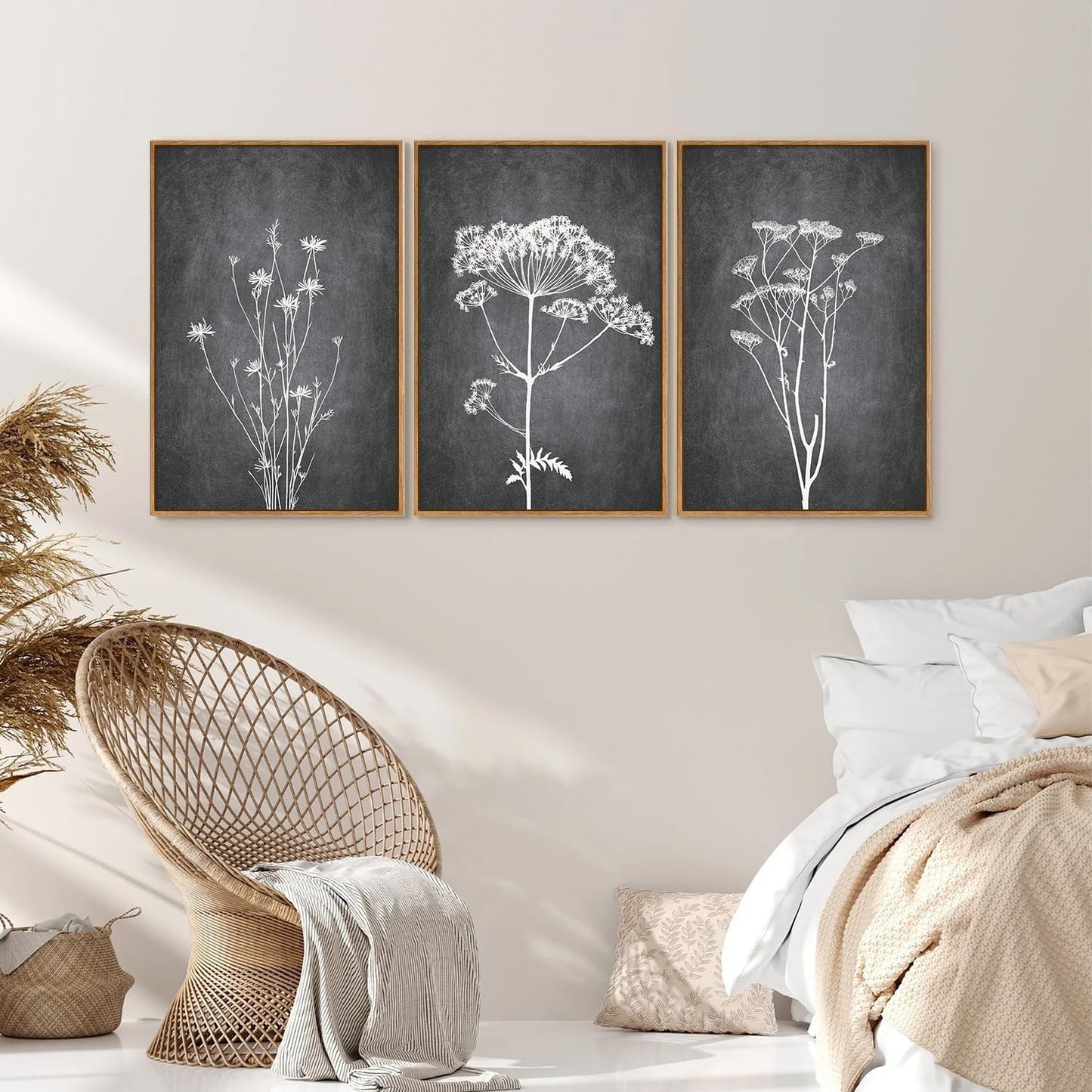 Tinonedraw Black and White Botanical Framed Canvas Wall Art Set, Vintage Floral Wall Decor, Dark Academia Minimalist Plant Art Paintings, Abstract Wildflower Art Print for Living Room Bedroom 16"x24"x3