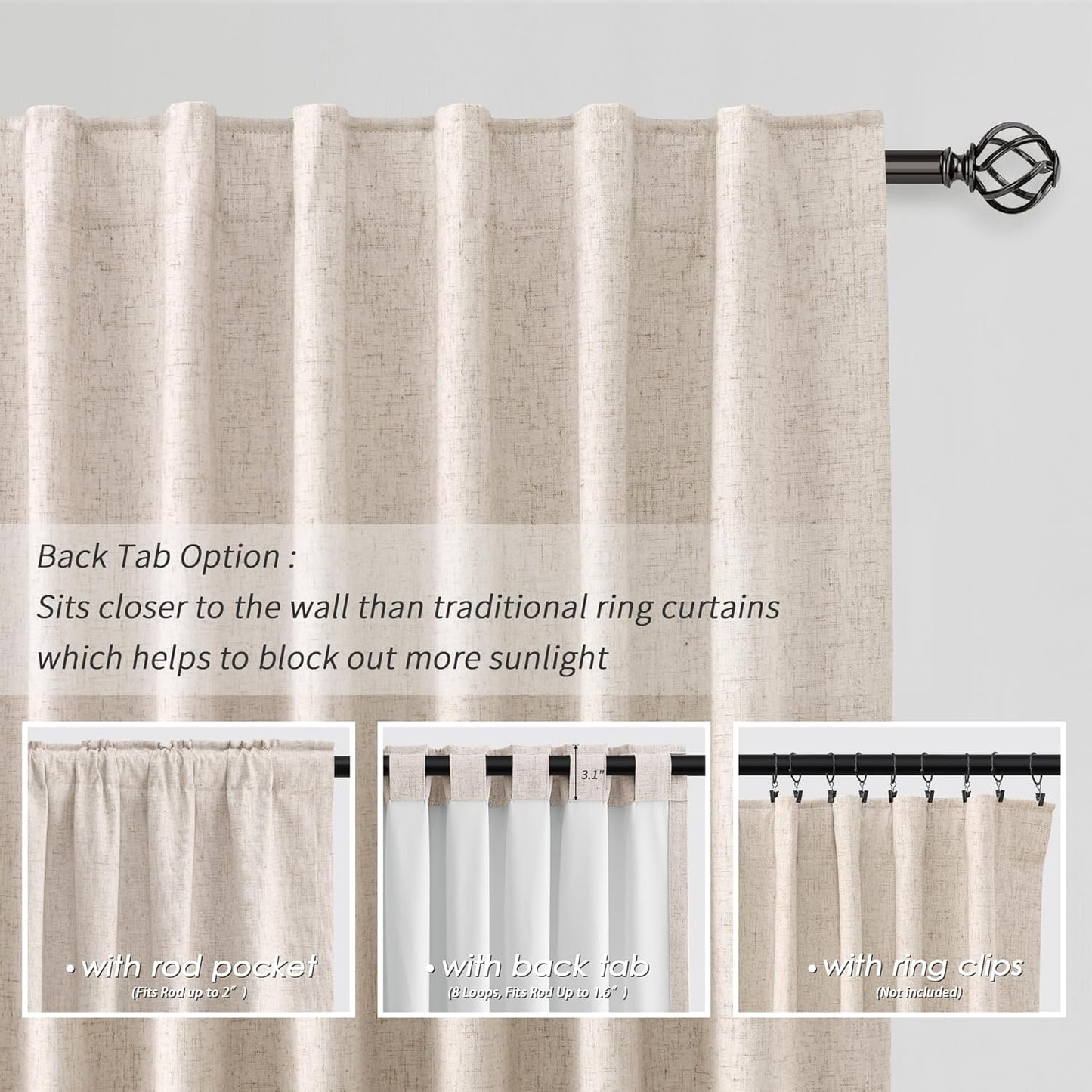 BOODII Oatmeal Linen Black Out Curtains 72 Inch Long 2 Panels Set for Bedroom Light Blocking Curtains Greige with 100% Blackout Backing Warm Taupe Thermal Insulated Room Darkening Nursery Curtain