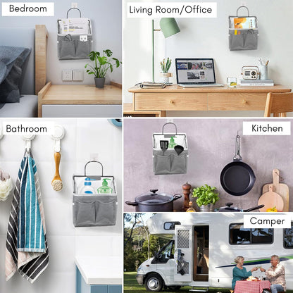 3pcs Small Wall Hanging Organizer Bag, Linen Fabric Door Hanging Storage Basket with Pockets, Waterproof Bin for Kitchen, Bedroom, Office, RV Camper (Gray)