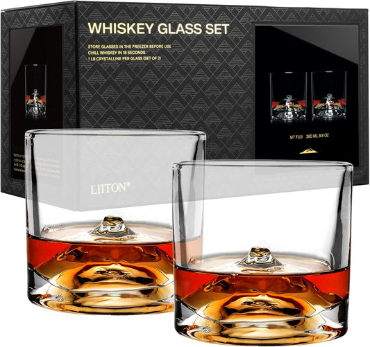 Mount Fuji Heavy Crystal Whiskey Glasses Gift Set of 2, Thick Freezable Bourbon Glass 1lb Each