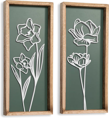 3D Floral Green Wall Art (Set of 2) Lightweight, Wooden Ready-to-Hang Boho Framed Wall Art for Bathroom, Bedroom, Living Room or Office – Premium Sage Green Farmhouse Decor – Gift-Boxed