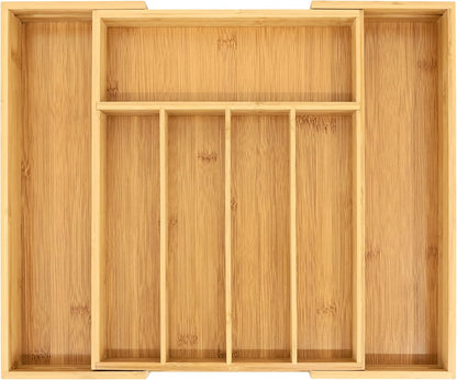 VaeFae Bamboo Drawer Organizer, Expandable Silverware Drawer Organizer, Cutlery Tray with Dividers for Kitchen Utensils, Medium