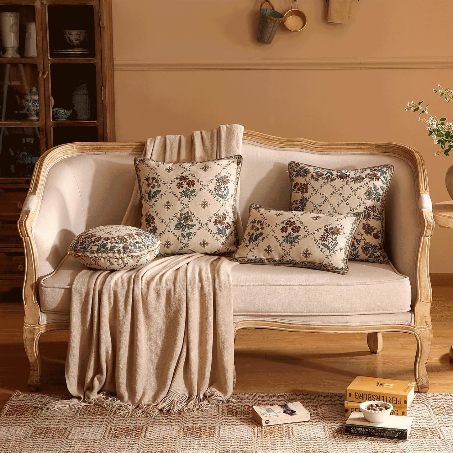 patdrea Designer Throw Pillow Covers Set of 4,Euro Vintage Light Brown Linen with Floral Collection Pattern Pillow Cover,Decorative Square Lumbar Round Pillowcases Cushion for Bed Living Room Car