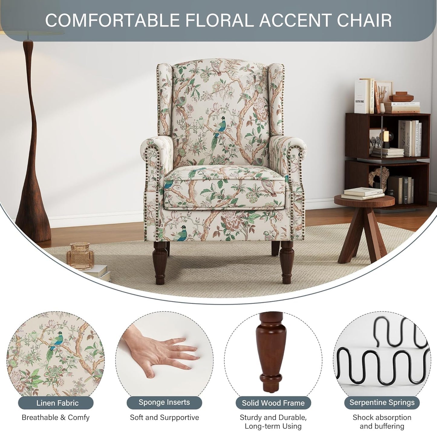 UIXE High Back Accent Chairs Set of 2, Fabric Upholstered Armchair for Living Room, Retro Printed Wingback Arm Chair Rivet Trimed Single Sofa Bedroom Reading Seat - Bird Floral