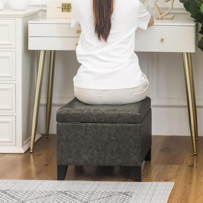 Adeco Faux Leather Storage Ottoman Bench with Wood Legs, 17.7" Square Mixed Grey PU Cube Foot Stool, Upholstered Button Tufted Vanity Chair with Hinged Lid for Living Room, Bedroom, Dorm