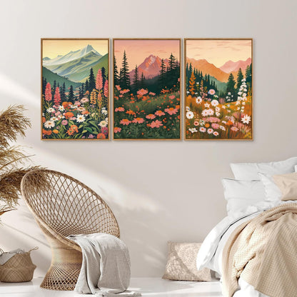 Tinonedraw Mountain Wildflower Framed Canvas Wall Art Set, Boho Mountains Landscape Wall Decor, Modern Floral Forest Scenery Artwork, Neutral Nature Art Prints for Living Room Bedroom Office 24"x36"x3