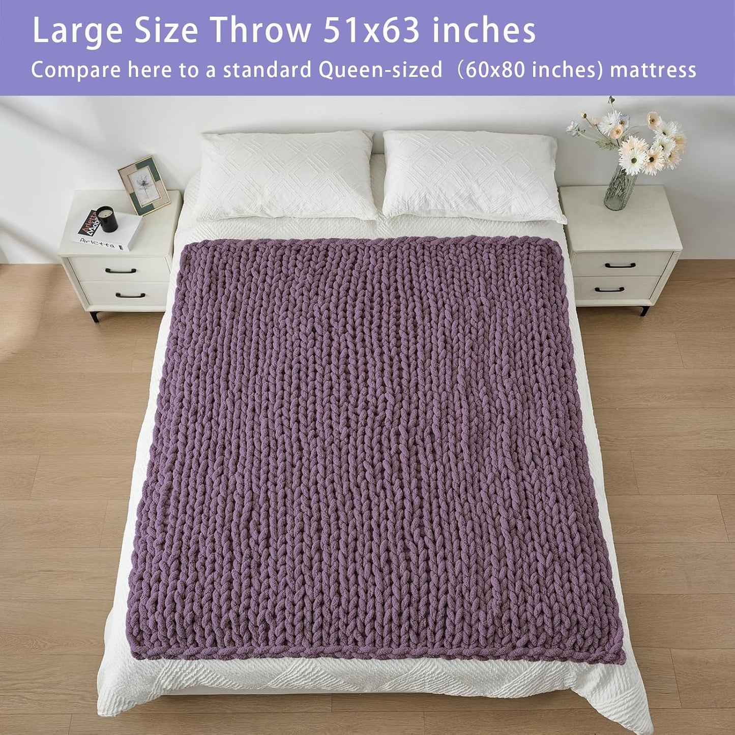 Bigacogo Chunky Knit Throw Blanket for Couch, 51x63 inches, 100% Hand Knitted with Thick Jumbo Chenille Yarn, Cozy Soft Large Rope Knot Cable Crochet Blankets for Sofa Bed Living Room, Winter Grape